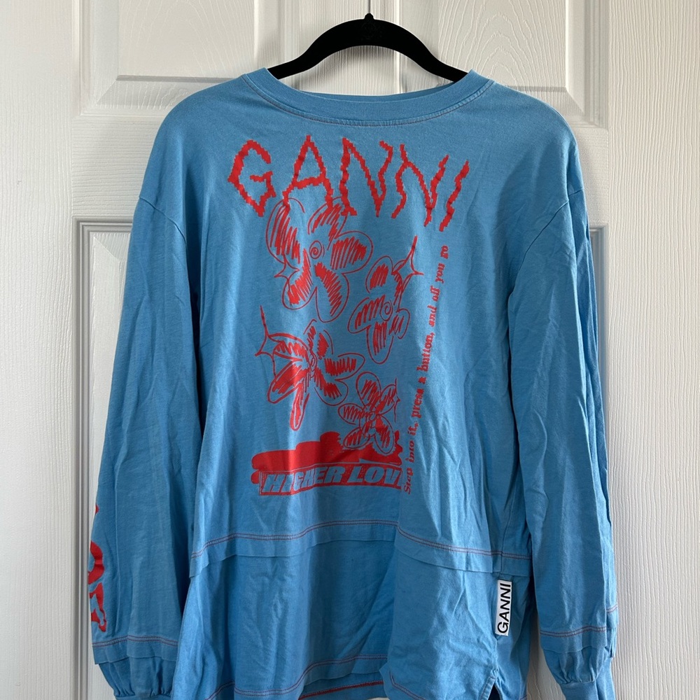 GANNI Blue Long Sleeve Shirt with Red Graphic
